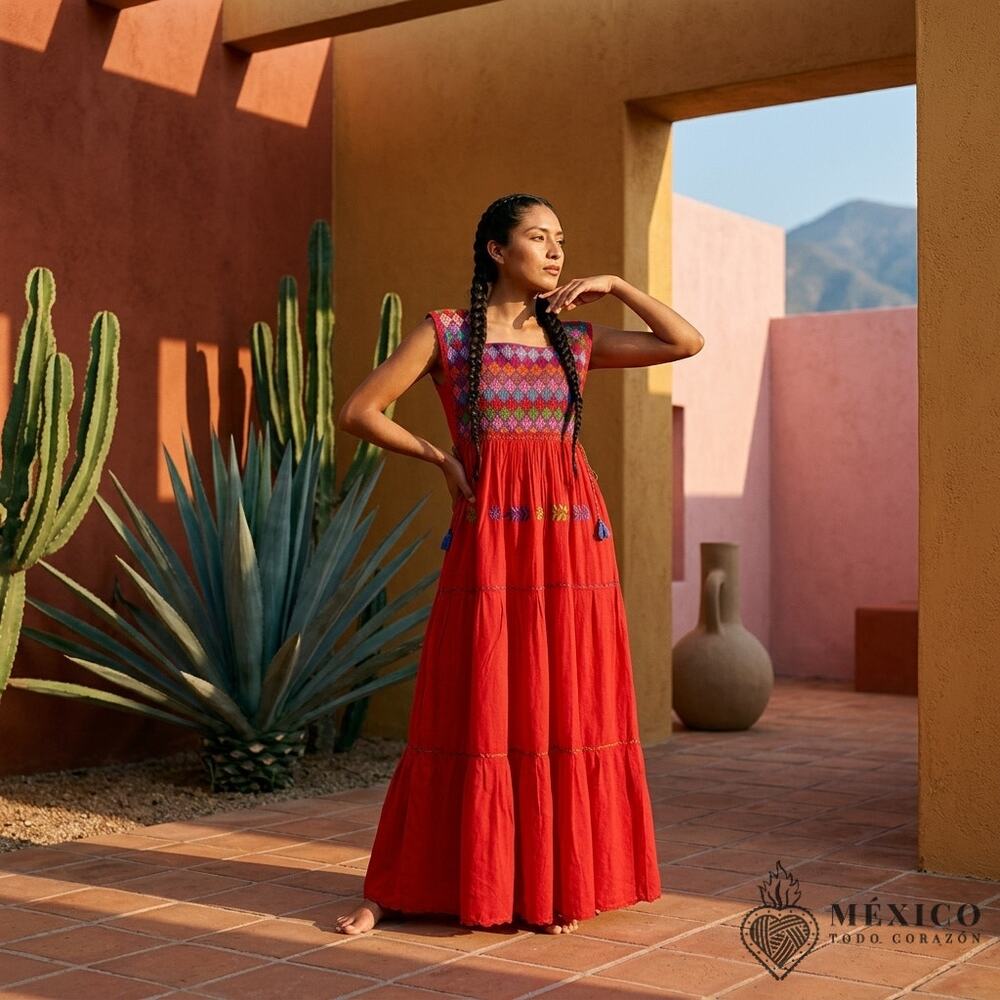 Red Mexican cotton dress one piece Dress – Mexican Folklore Wear